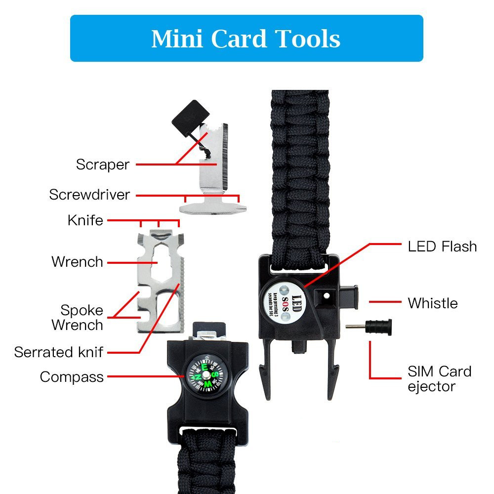 High Visibility Survival Bracelet with LED Light Compass and Whistle for Camping and Emergency Use