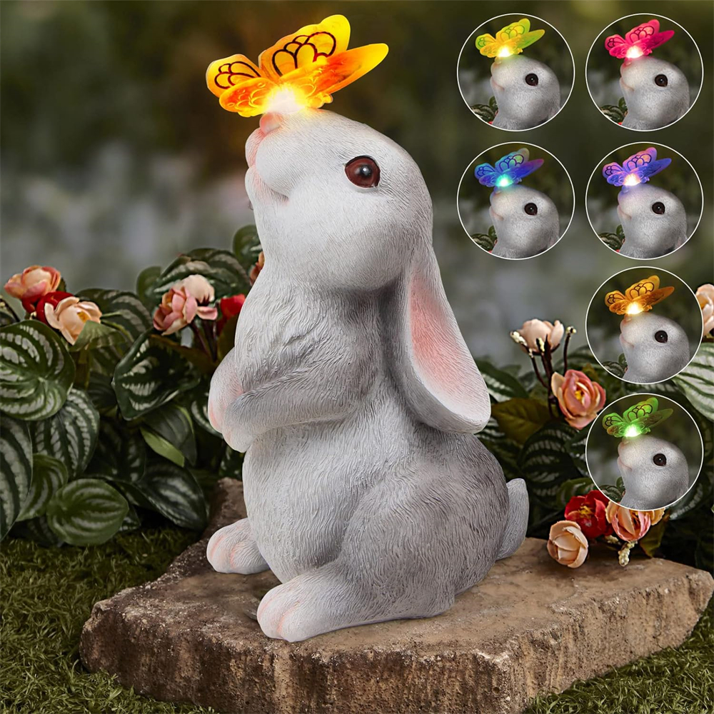 Resin Solar Bunny Statue Garden Decor with LED Butterfly Light, Outdoor Animal Figurine Sculpture for Courtyard, Lawn