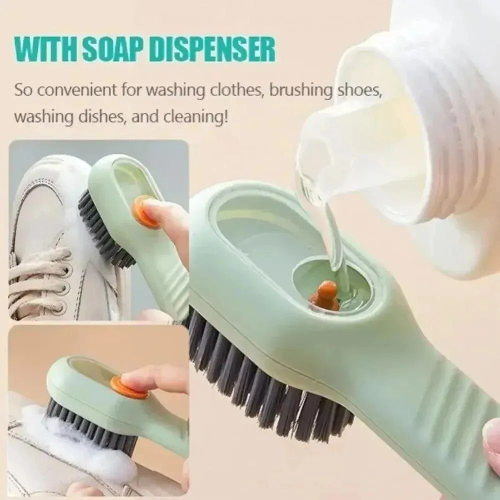 Multifunction Cleaning Shoe Brush with Automatic Liquid Dispenser, Soft Bristles Long Handle Clothes & Floor Brush