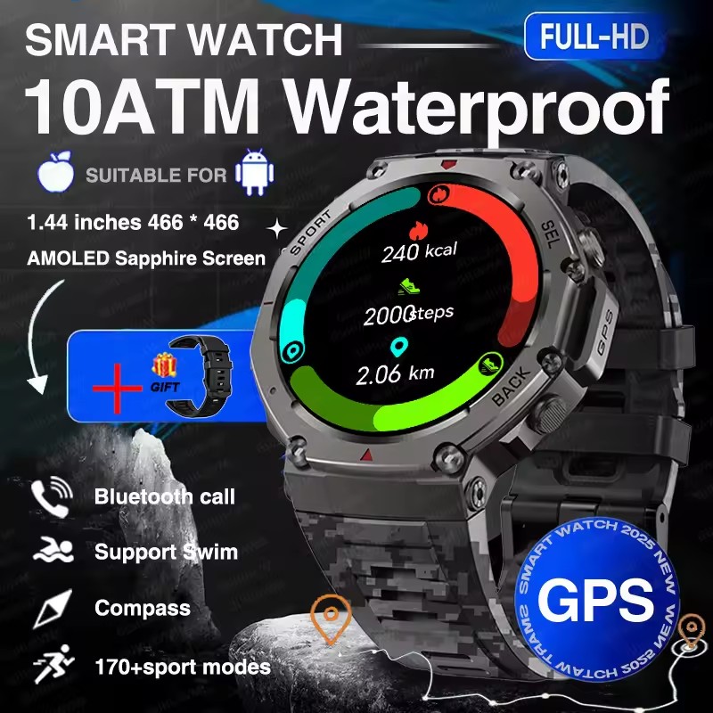 Military Smartwatch with Bluetooth & GPS, Waterproof Adventure Watch