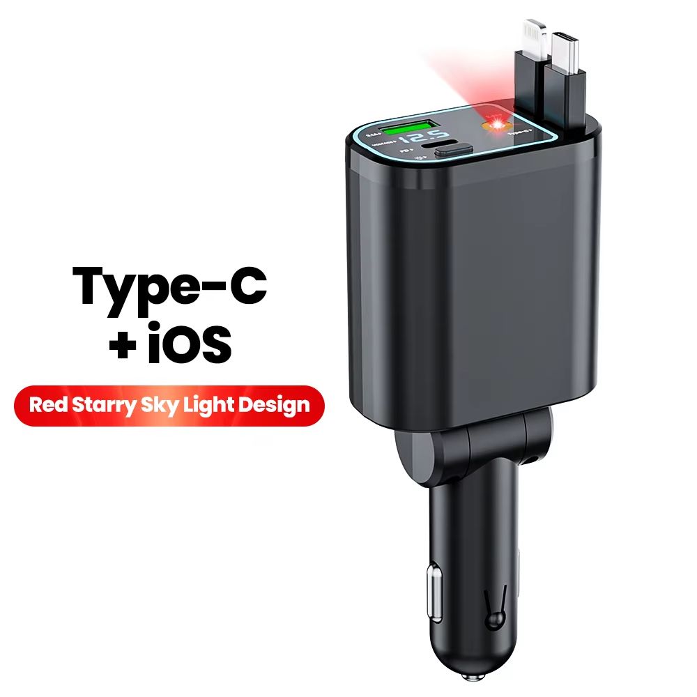4 in 1 Retractable Car Charger With Dual Built In Cables and Star Light Effect