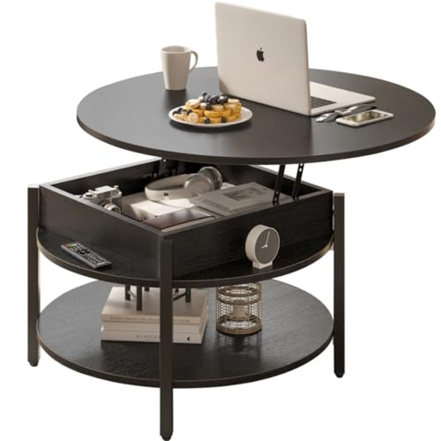 Round Lift Top Coffee Table with Storage, Hidden Compartment, Farmhouse Style Coffee Table for Living Room