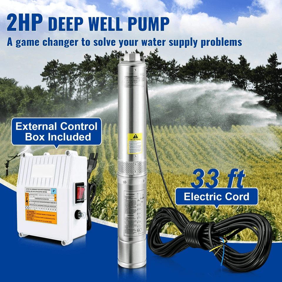 2HP Deep Well Submersible Pump, Stainless Steel Water Pump with Control Box for Residential