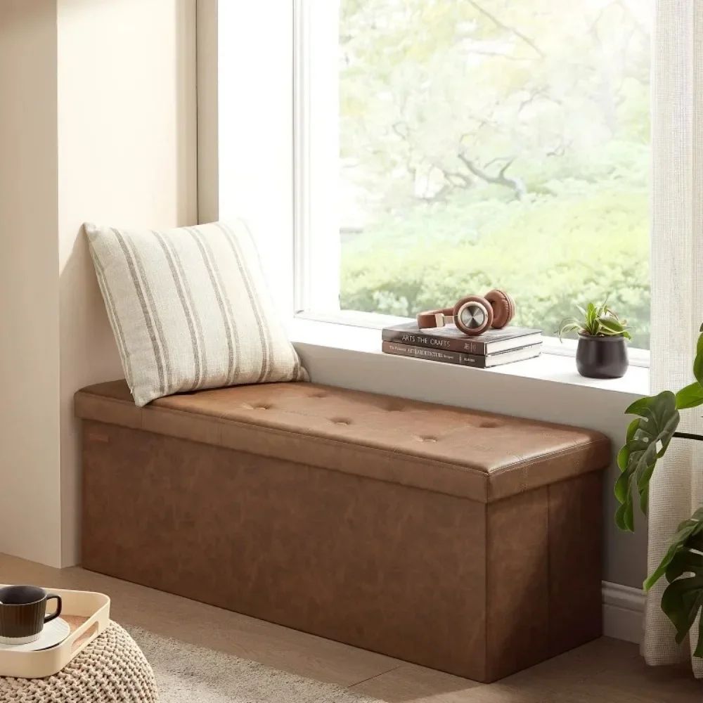 Extra-Strong Faux Leather Storage Ottoman Bench Leather, Multipurpose Dining Chair-Style Seat & Footstool Organizer