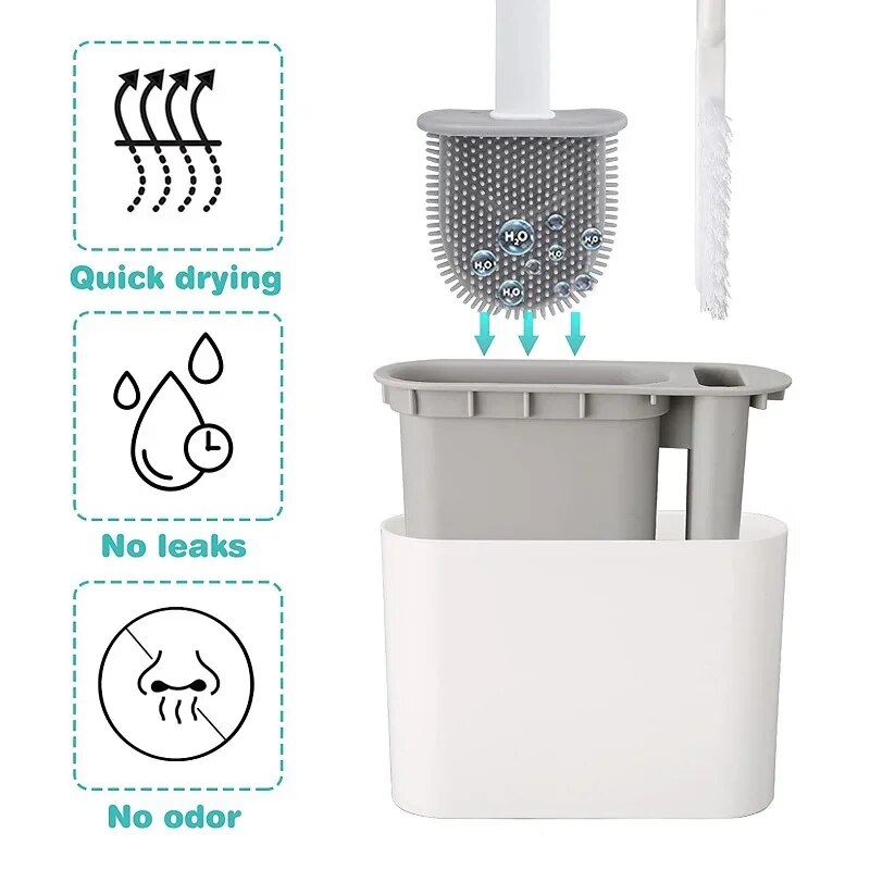 Double-use Silicone Toilet Brush, Bathroom Wall Cleaning Tool Set, Non-dead Angle Toilet Brush, Wall Hanging Household