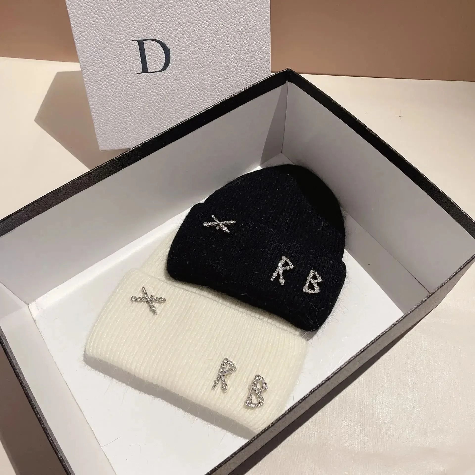 Diamond-Embellished Rabbit Fur Blend Thermal Beanie