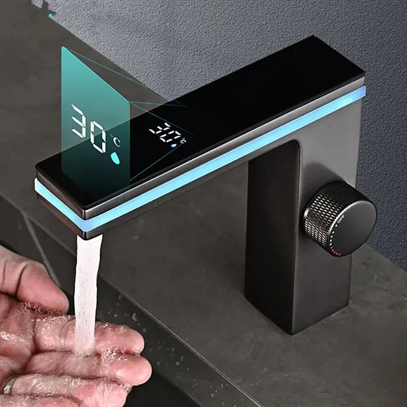 Digital Display Bathroom Basin Faucet with LED Brass Deck Mounted Hot and Cold Water Mixer