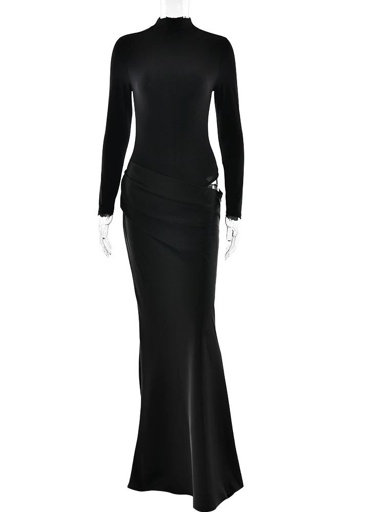 Elegant Turtleneck Satin Hollow Out Maxi Dress
