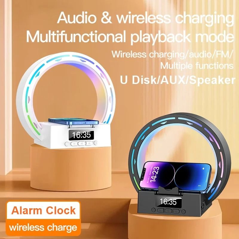 Desktop Bluetooth Speaker Alarm Clock with Night Light Wireless Charger USB AUX