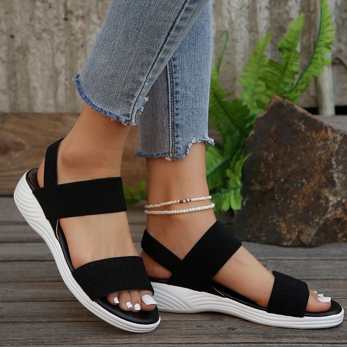 Women Knit Elastic Cloth Wedge Sandals Slip On Lightweight Walking Sandals