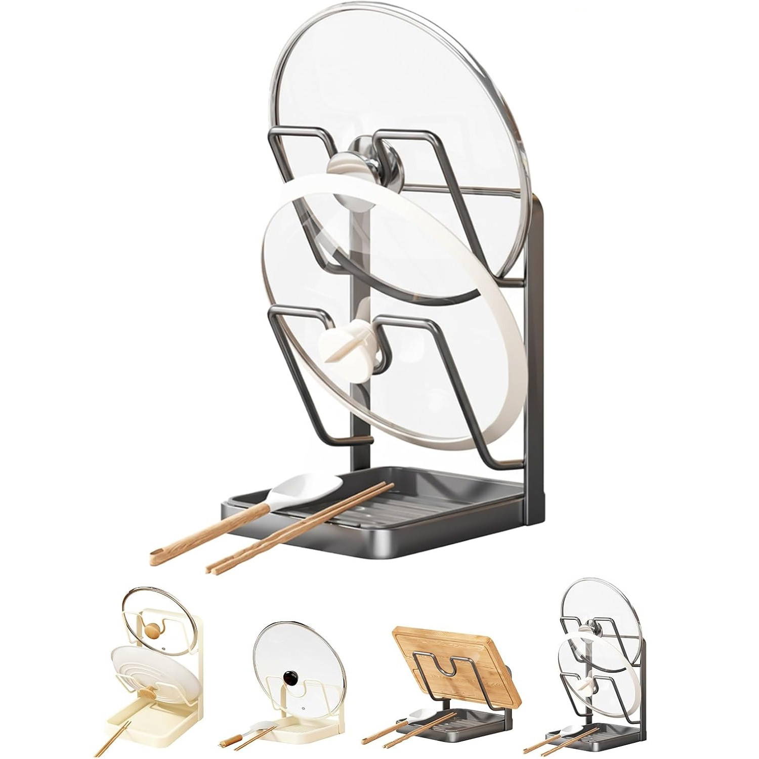 Anti-slip Pot Lid Storage Rack, Pan Organizer, Chopping Board, Spatula Holder for Kitchen Counter Stove