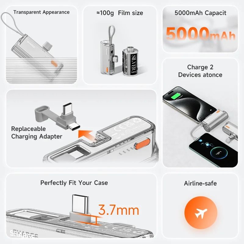 SHARGE Flow Mini 5000mAh Power Bank | Integrated USB-C & Lightning Connectors for iPhone 15 & Samsung