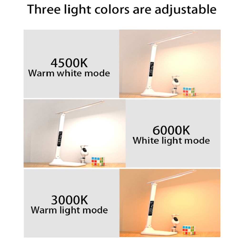 USB Folding Table Lamp, Dimmable LED Desk Lamp, Touch Control with Alarm Clock and Thermometer, Eye Protection Night