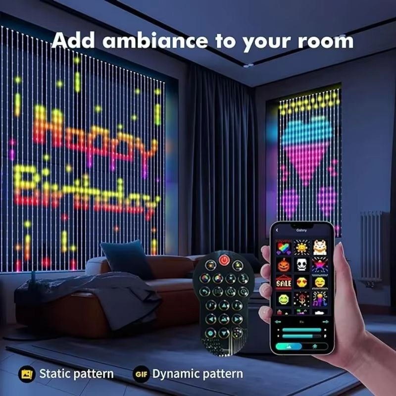 VividGlow Smart Curtain Lights – Music Sync RGB DIY Pattern LED Ambiance