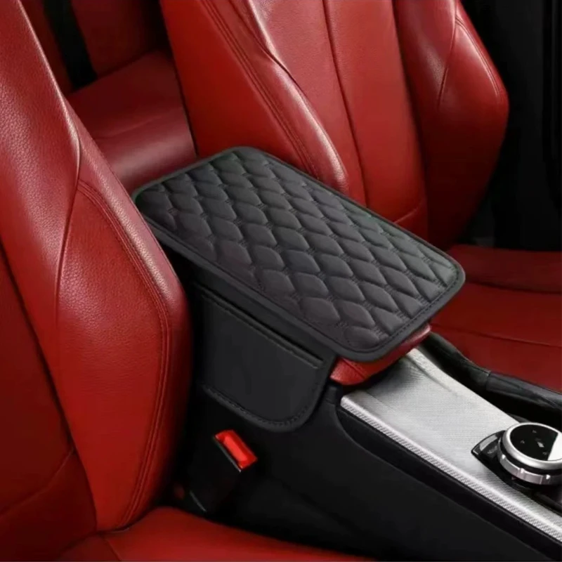 Beige Quilted Leather Car Armrest Cushion with Storage, Fit Most Auto Consoles