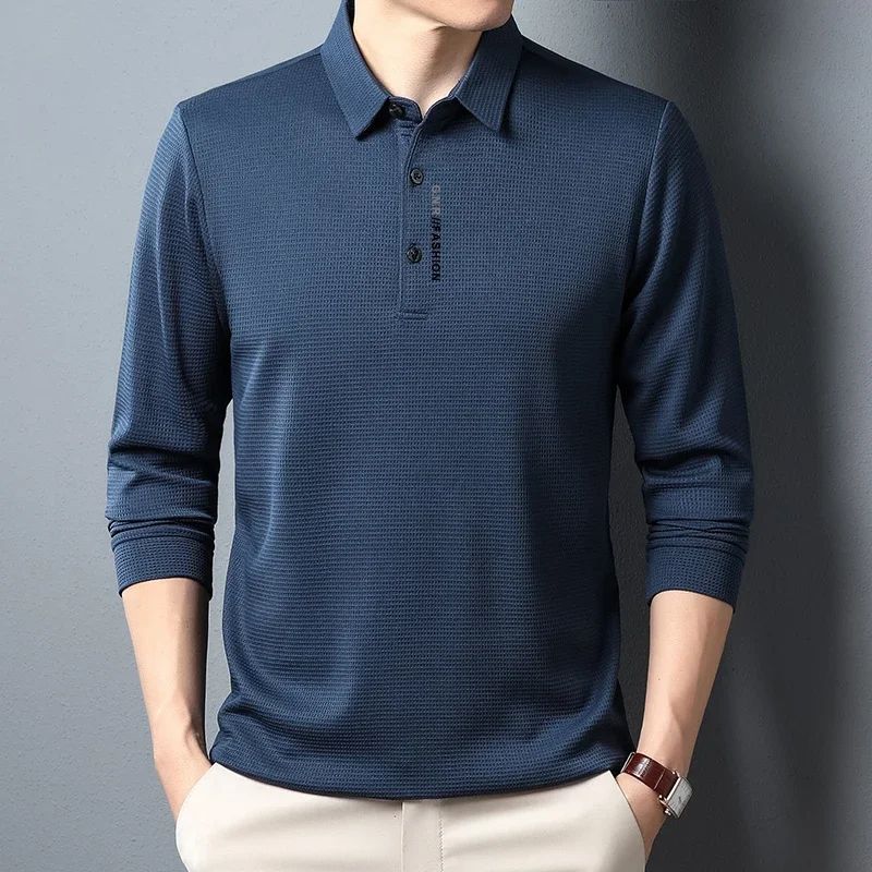 Men's Waffle Knit Polo Shirt – Long Sleeve Casual Letter Print Lapel Top