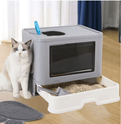 Foldable Enclosed Cat Litter Box with Top Exit Space Saving enclosed cat litter box with Scoop