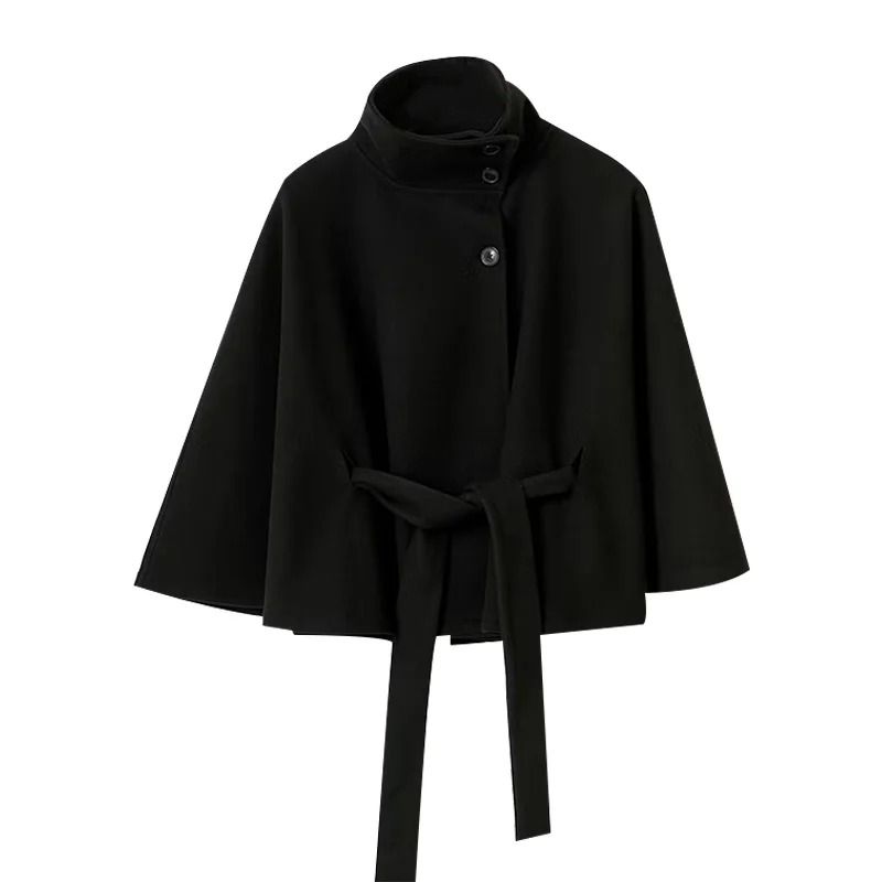 Elegant Womens Grey Belted Wool Coat Double Breasted Long Winter Peacoat