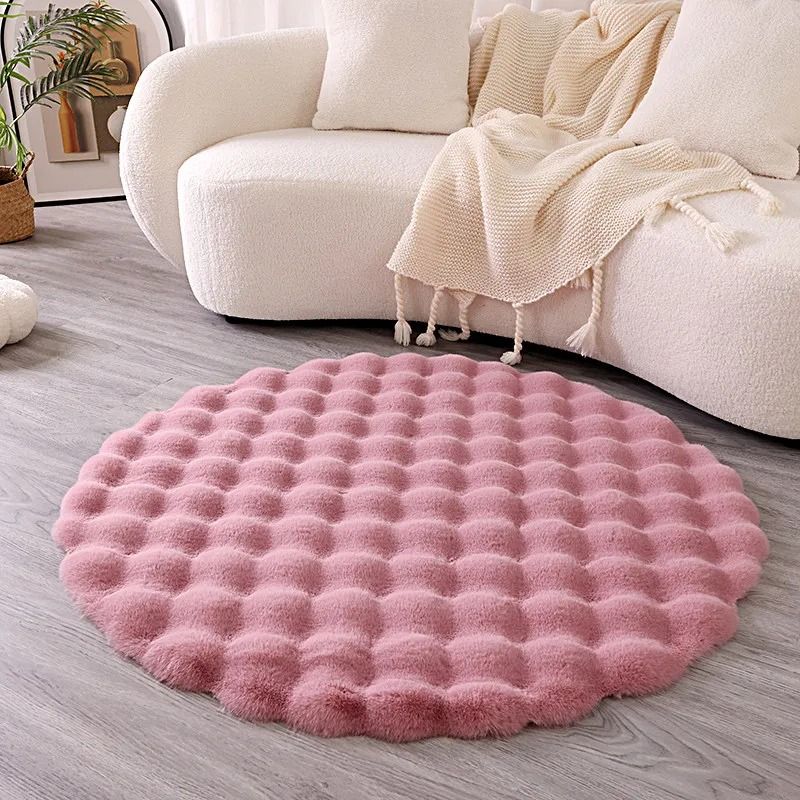 Premium Faux Rabbit Fur Bubble Carpet | Round Ultra-Soft Living Room Rug & Kids' Bedroom Game Cushion