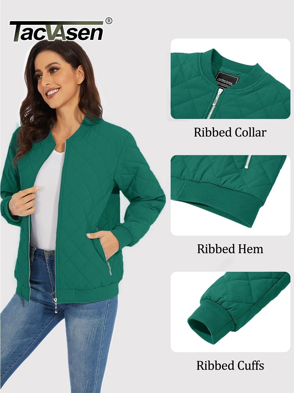 Womens Diamond Quilted Bomber Jacket Full Zip Warm Padded Coat