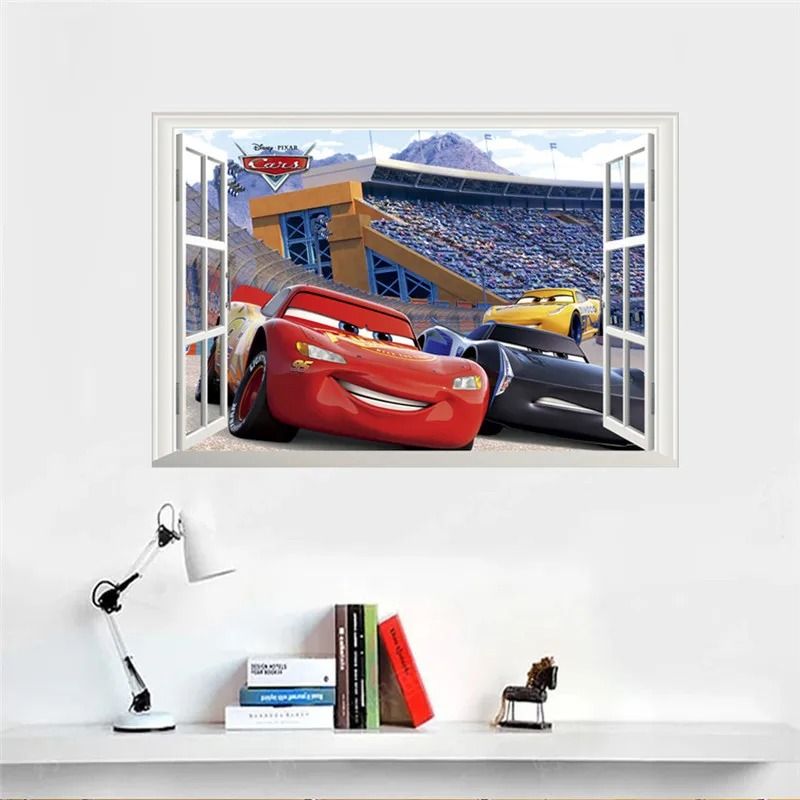 3D Cartoon Cars Breakthrough Wall Decal | Lightning McQueen Racing Mural | High-Fidelity Kid's Room & Playroom Art