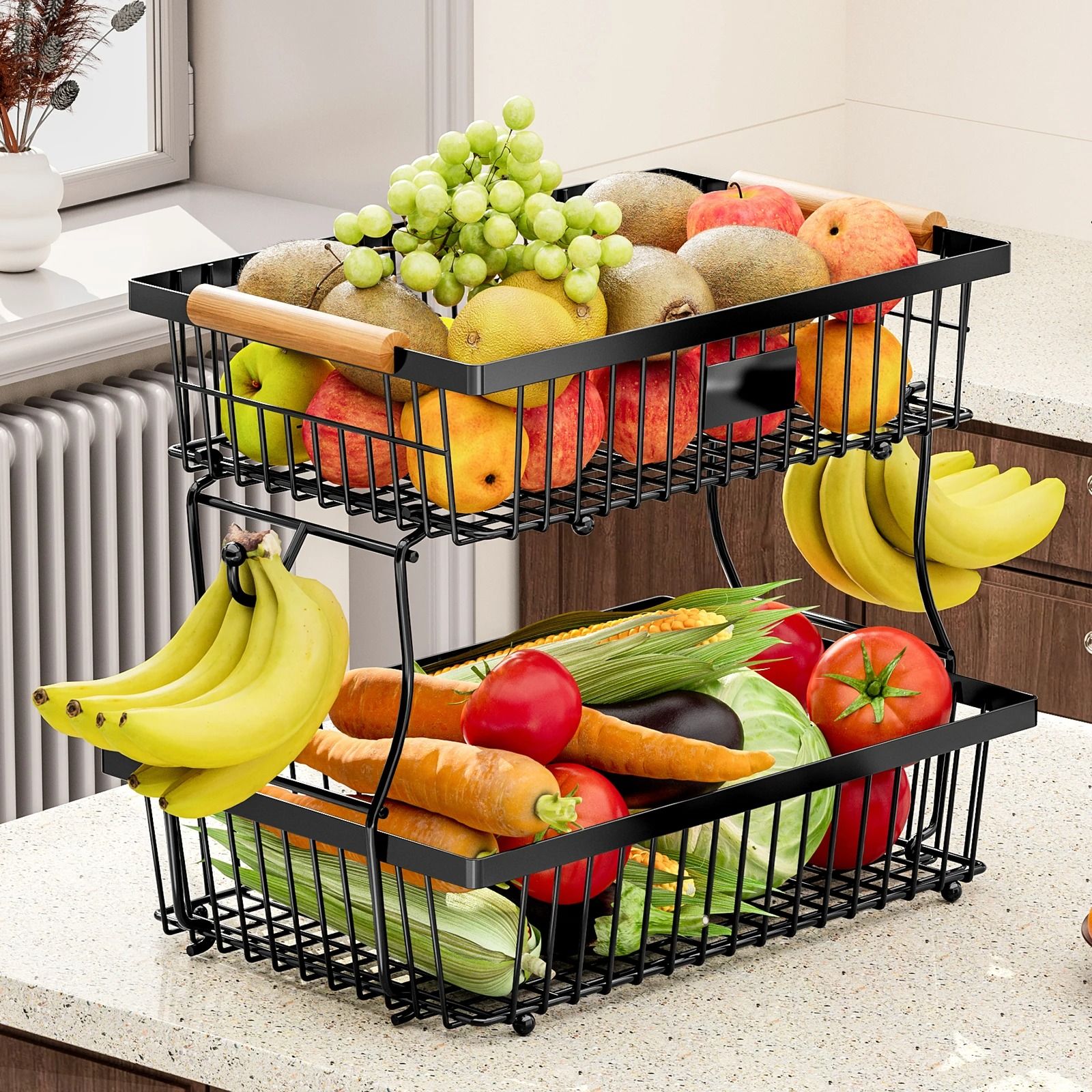 Metal Storage Basket with Wooden Handle and Hooks