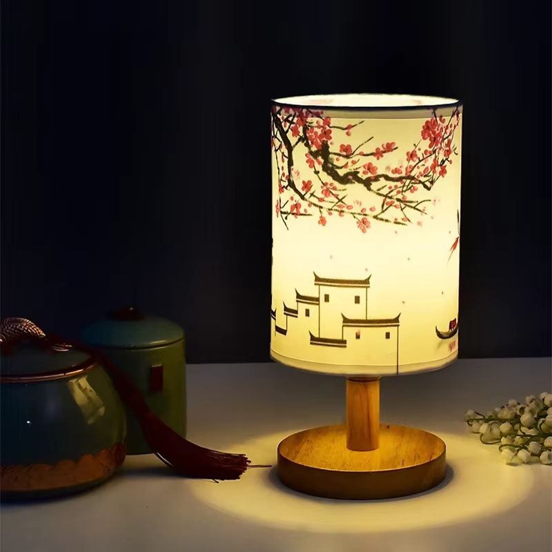 Modern Square Chinese-Style Fabric Table Lamp – Dimmable LED Bedside Light with EU Plug