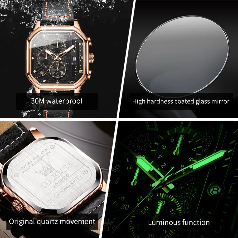 OLEVS 9950 Luxury Square Chronograph Men's Quartz Watch with Luminous Leather Strap