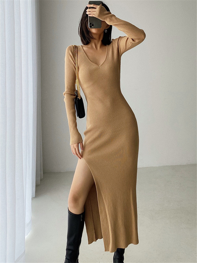 Female V-Neck Slim Slit Women's Sweater Dress, Tight-fitting Wrap Dresses