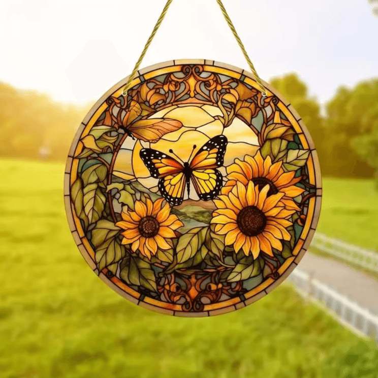 Butterfly Stained Acrylic Suncatcher Round Window Hanging Decor for Home & Garden