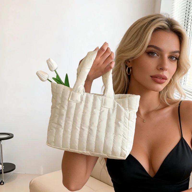 Women's Large Capacity Tote Bag, Cotton Padded Nylon Handbag Casual Fashion Shoulder Bag for Daily Use
