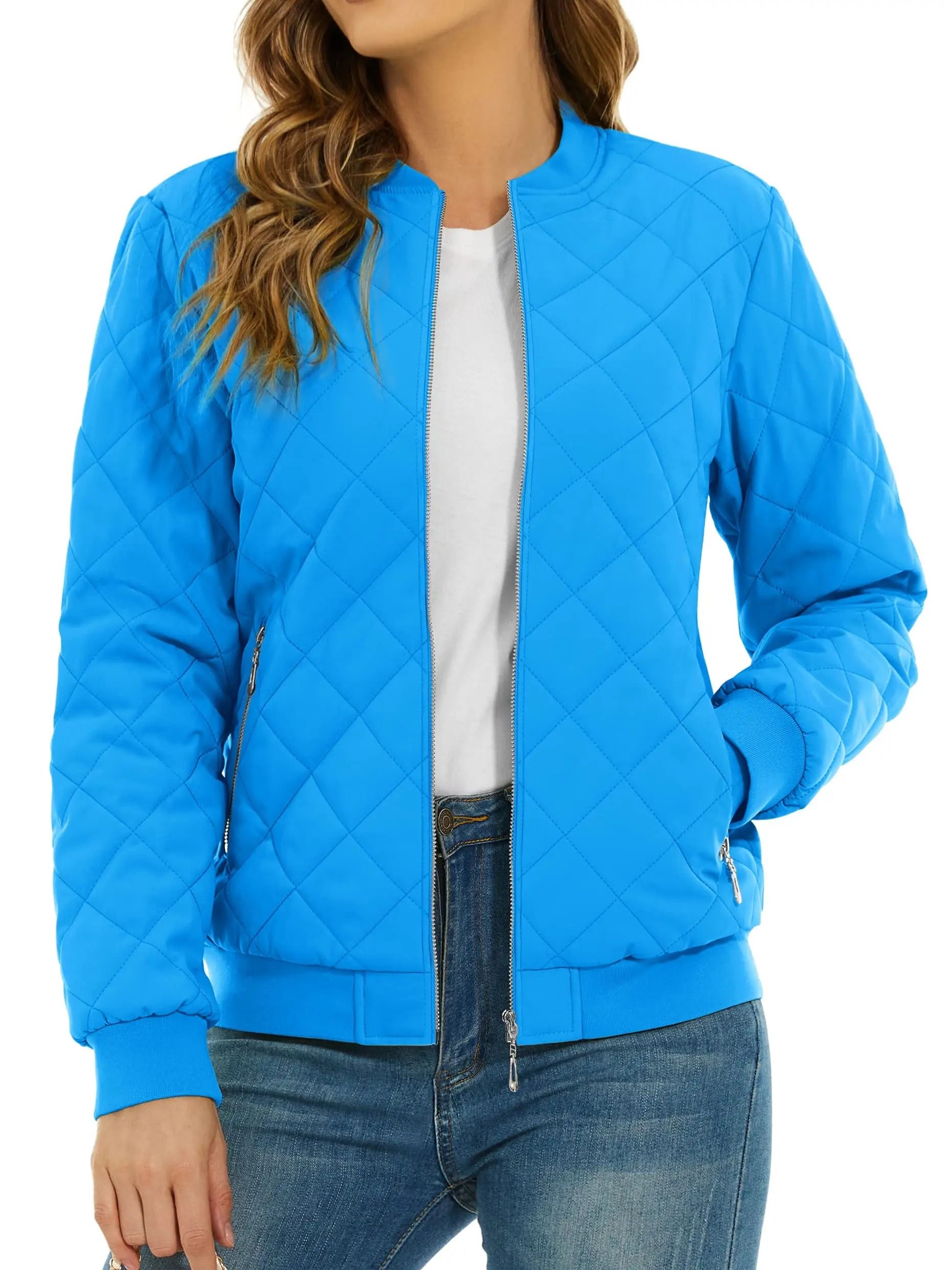 Womens Diamond Quilted Bomber Jacket Full Zip Warm Padded Coat