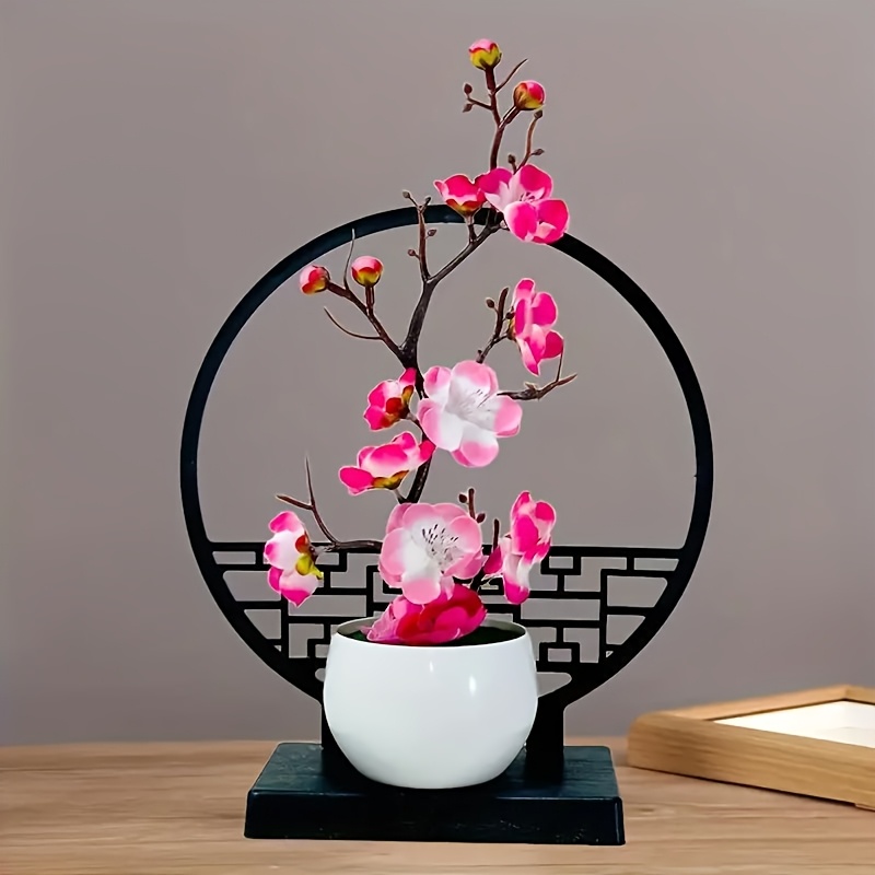 Artificial Plum Blossom Bonsai with Screen Base, Beautiful Tabletop Decor for Bedroom, Office, and Living Room Spaces