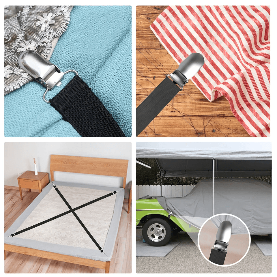 Adjustable Bed Fitted Sheet Straps Suspenders Belt with Gripper Fastener Clips, Heavy-Duty Elastic Mattress Holders