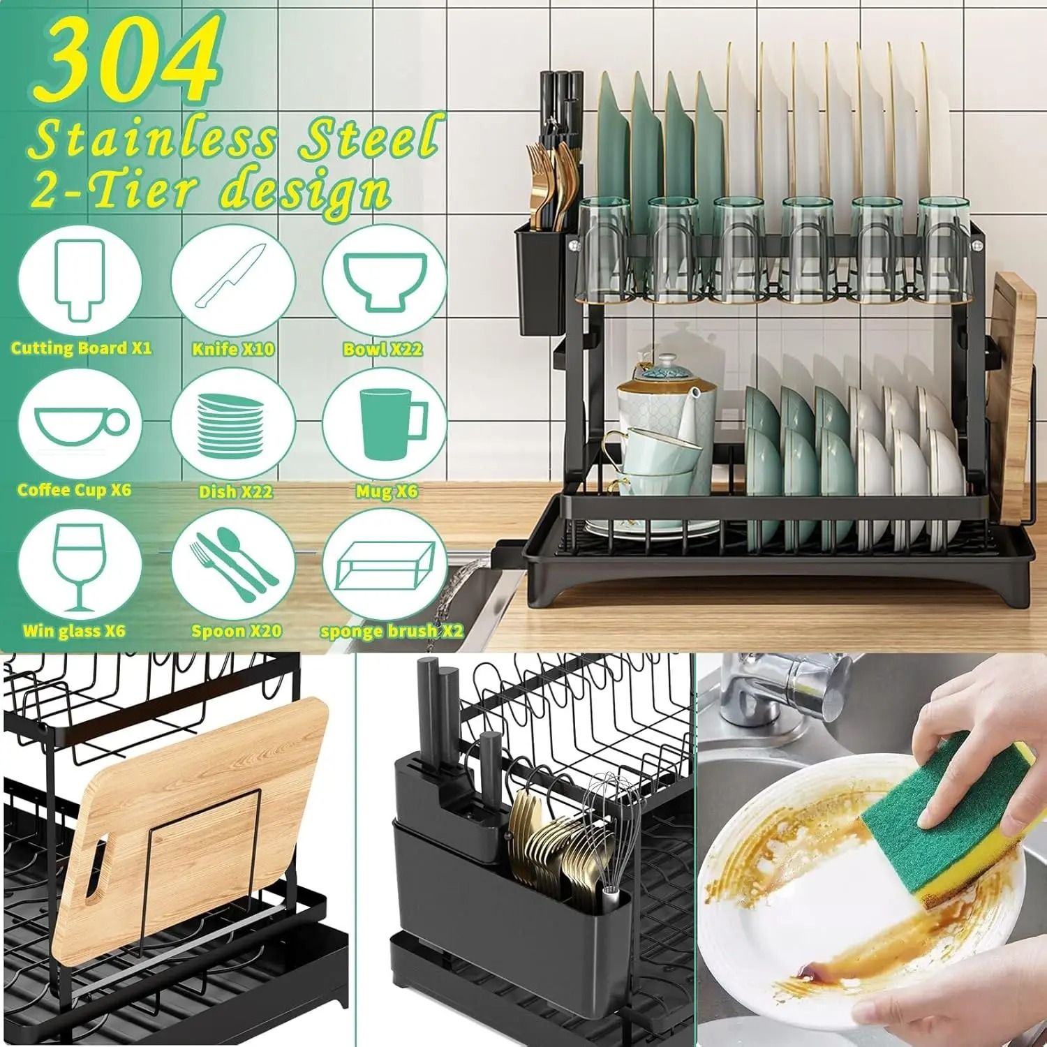 2-Tier Kitchen Dish Drying Rack – Heavy-Duty Countertop Drainer with Drip Tray – Metal Space-Saving Dish Rack
