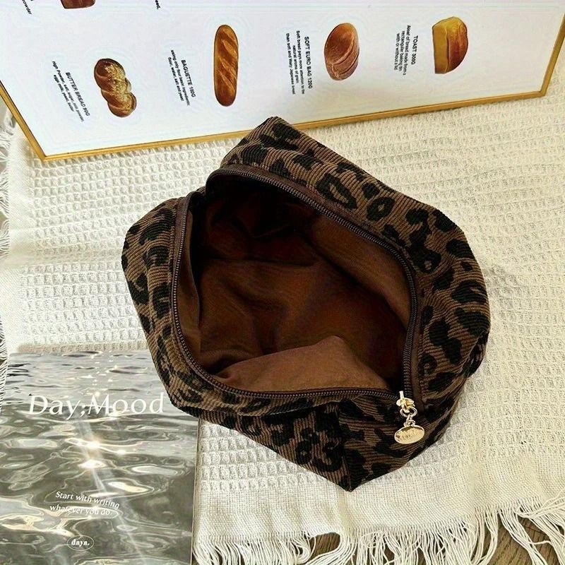 Large Leopard Print Cosmetic Bag Travel Makeup Organizer Box Shaped Zipper Case