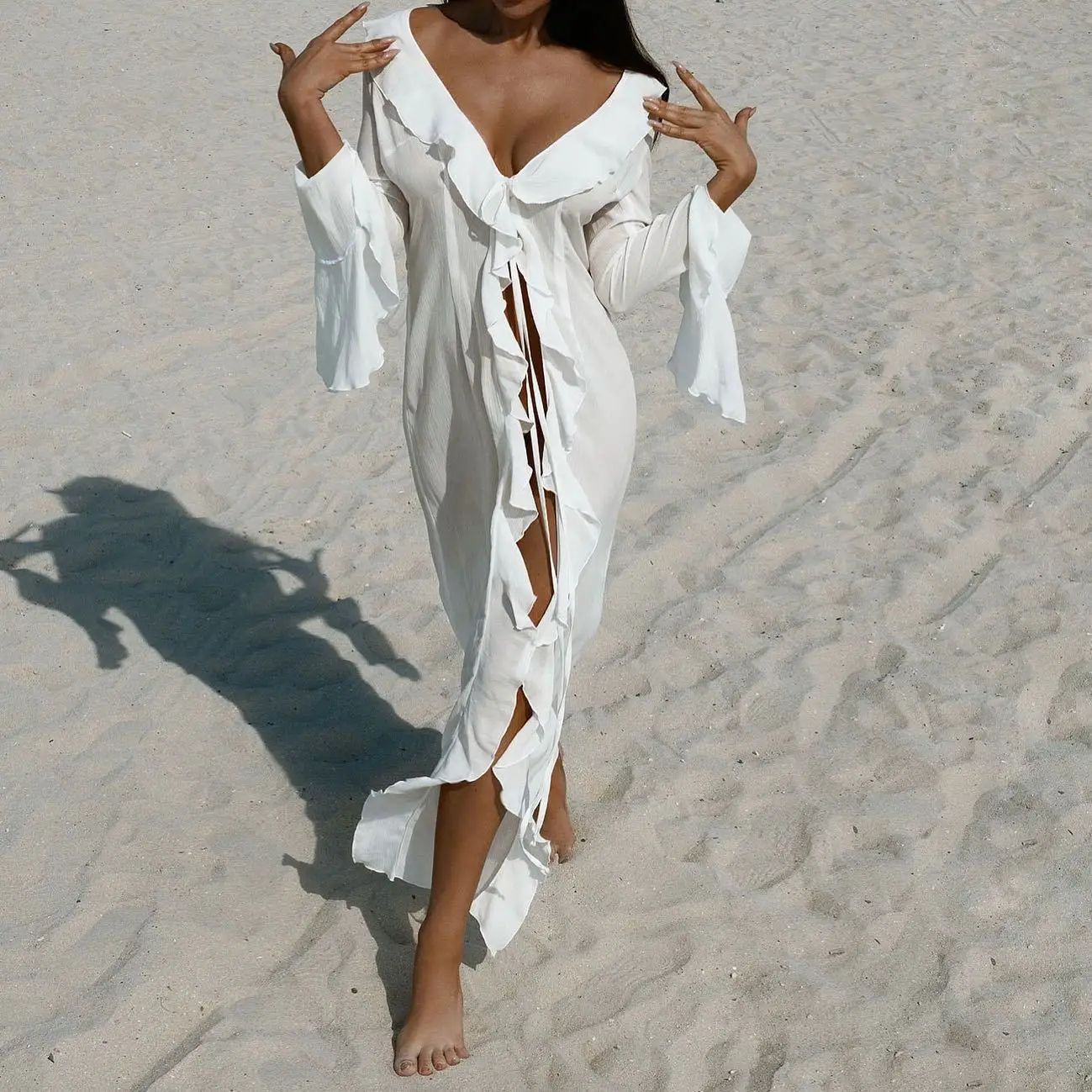 Chiffon V Neck Ruffled Beach Cover Up
