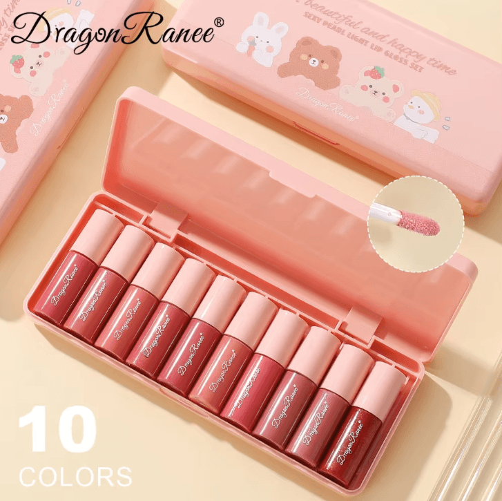 Dragon Ranee 10-Color Cartoon Lip Glaze Set – Waterproof Mirror Lip Gloss Collection