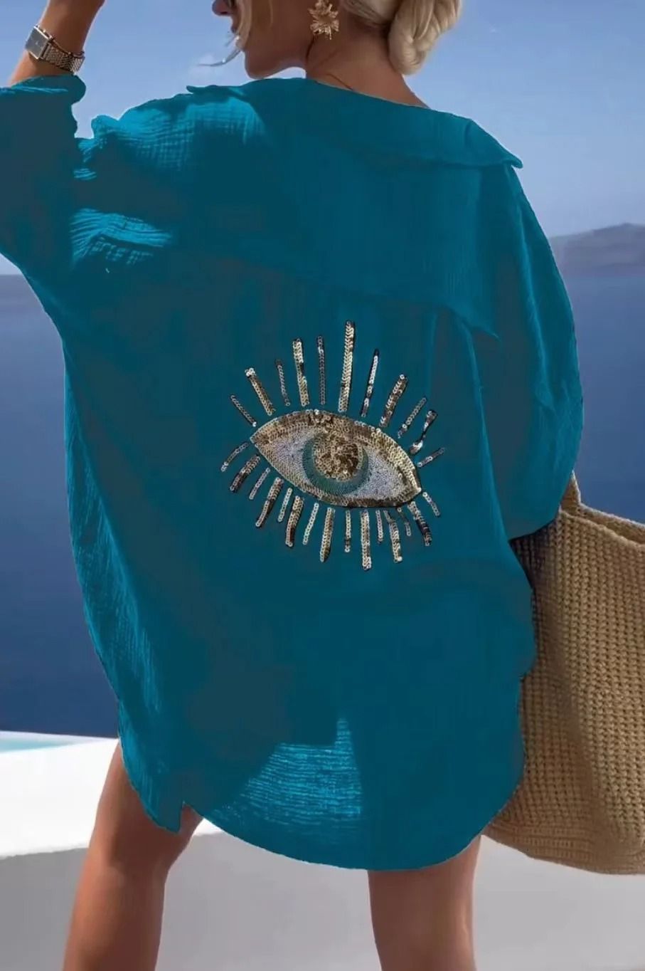 Casual Bright Sequin Evil Eye Long Sleeve Cotton Blouse