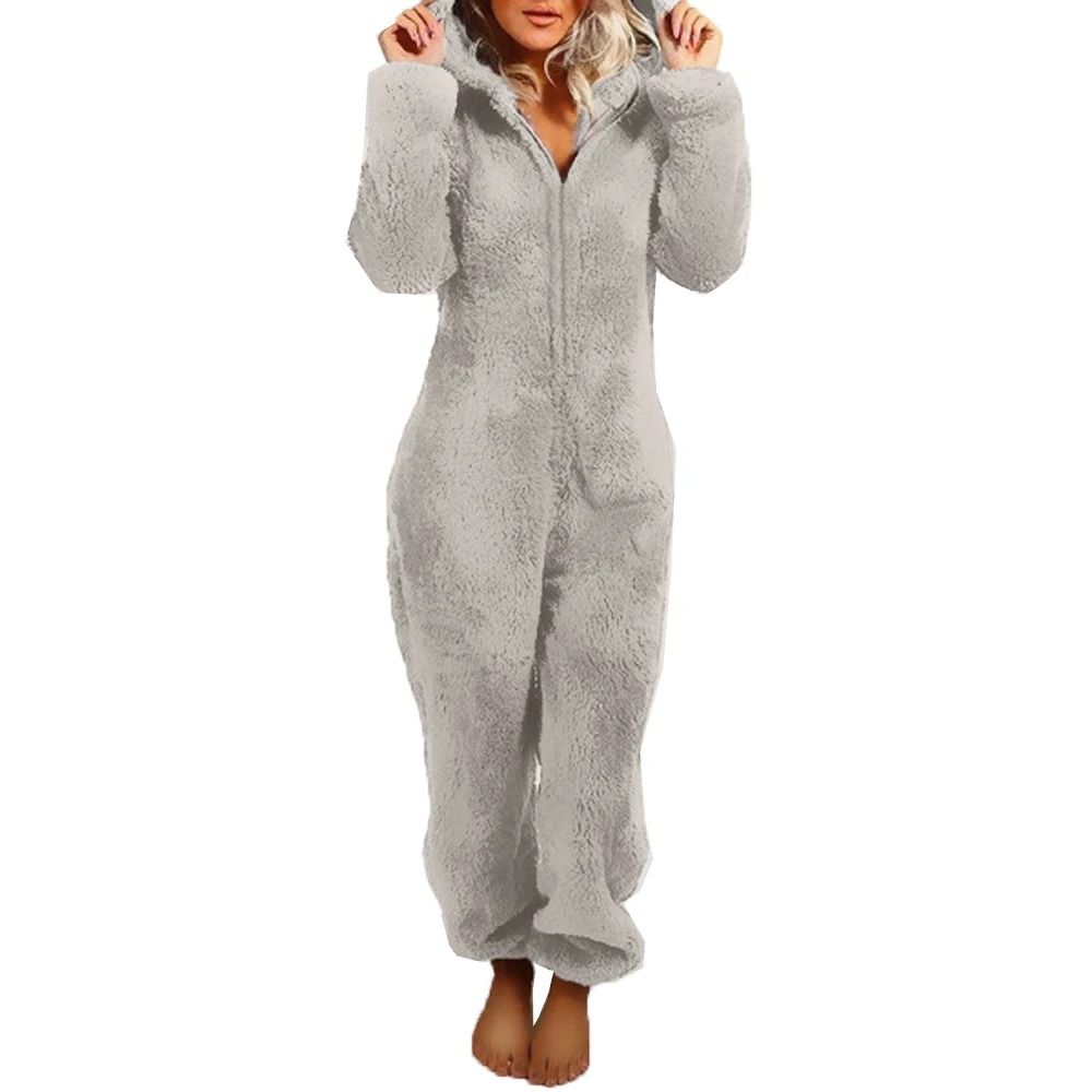 Womens Plush Flannel Pajama Romper Hooded Long Sleeve Winter Sleepwear Onesie