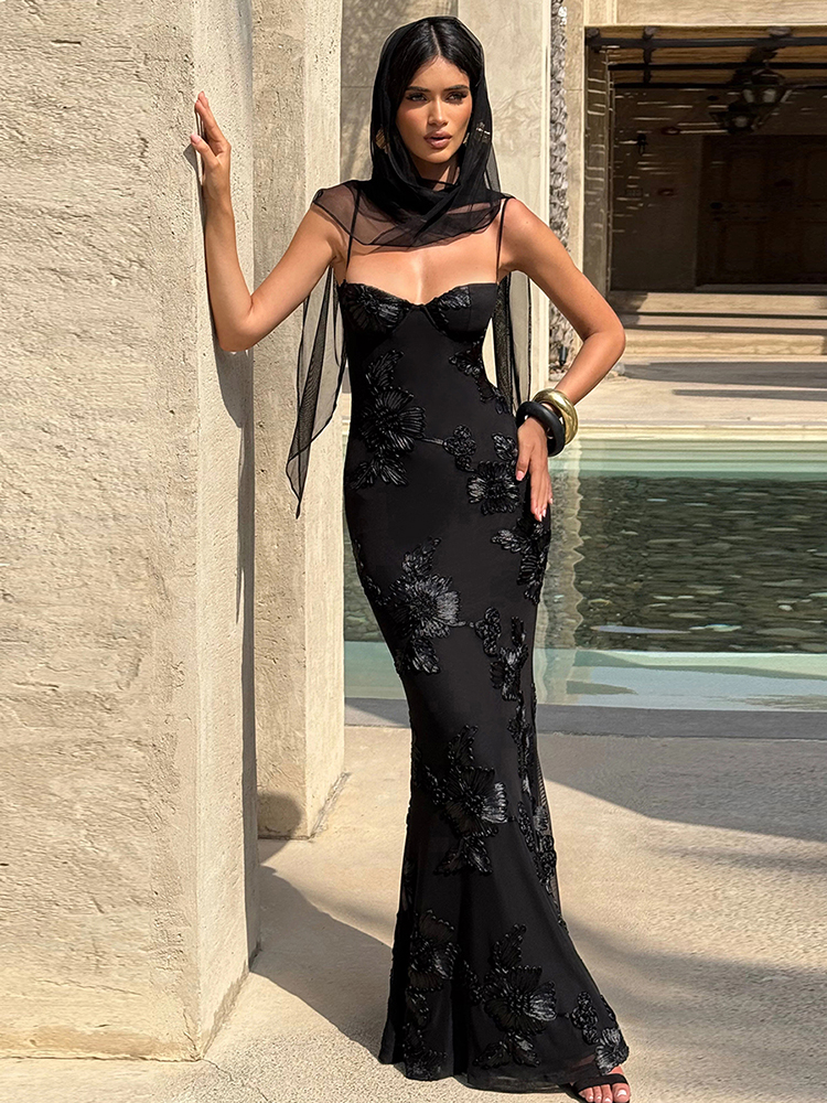 Nibber Elegant Flower Embroidery Maxi Dress Women, Low Neck Cross Bandage Backless Summer Skinny Holiday Vestidos