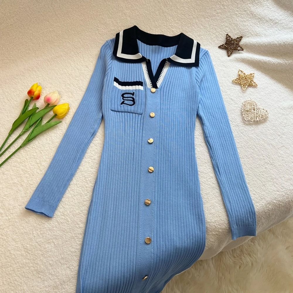 YuooMuoo Women Autumn Winter Y2K Embroidery Slim Elastic Long Sweater Dress Elegant Office Vestido