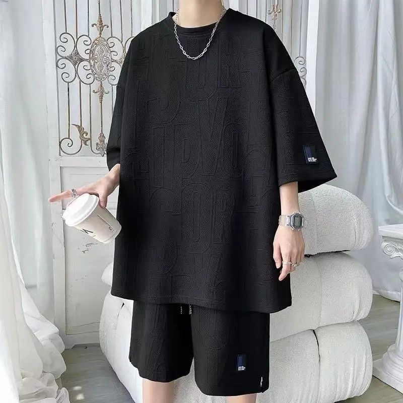 Men Summer Casual Waffle TZ30 T Shirt and Shorts Tracksuit