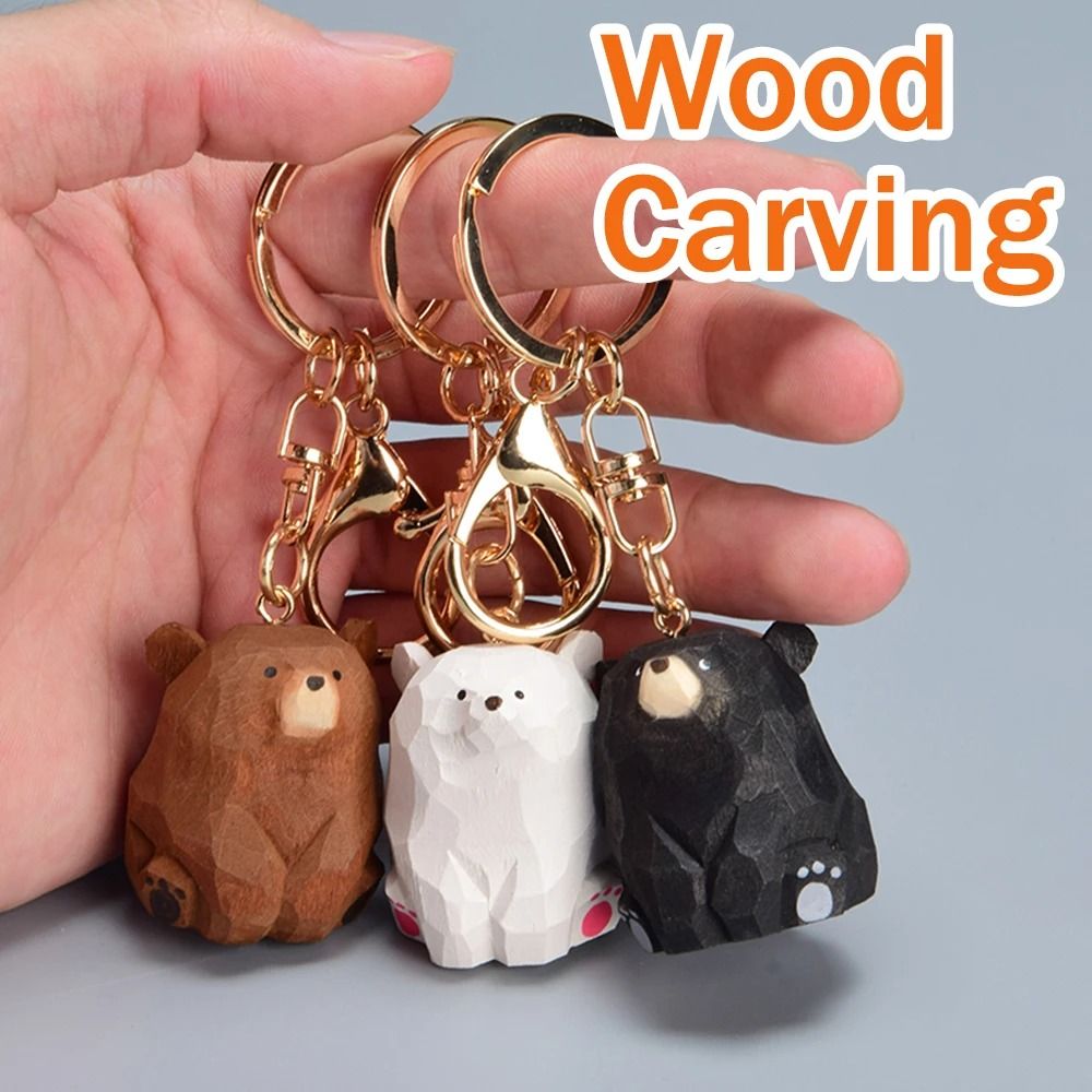Artisan Carved Wood Bear Keychain | Cute Polar & Brown Bear Bag Pendant | Exquisite Couples Gift Accessory