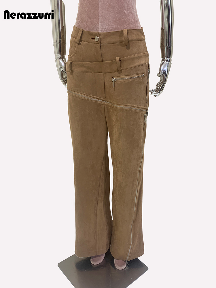 Luxury Designer European Clothes, Spring Double Waisted Long Khaki Stretchy Suede Faux Leather Pants with Zipper Style