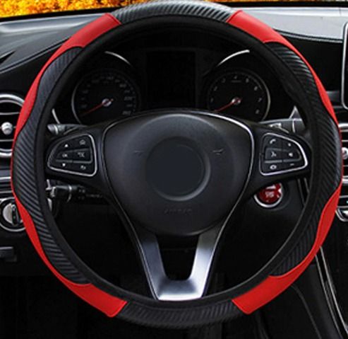 Red & Black Leather Car Steering Wheel Cover, Anti-slip Carbon Fiber, Universal Fit