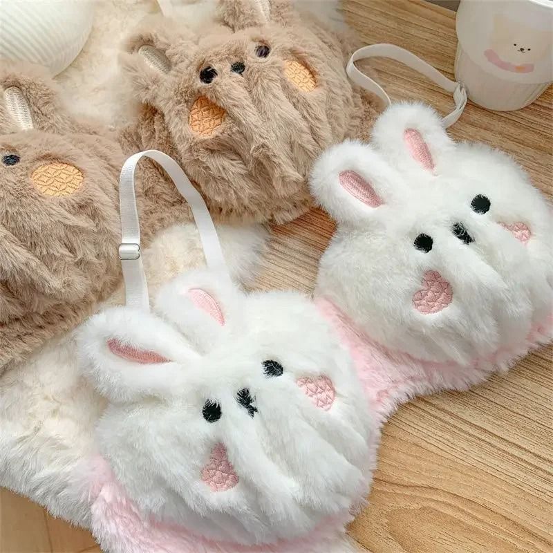 Cute Japanese Style Plush Winter Bra with Rabbit and Bear