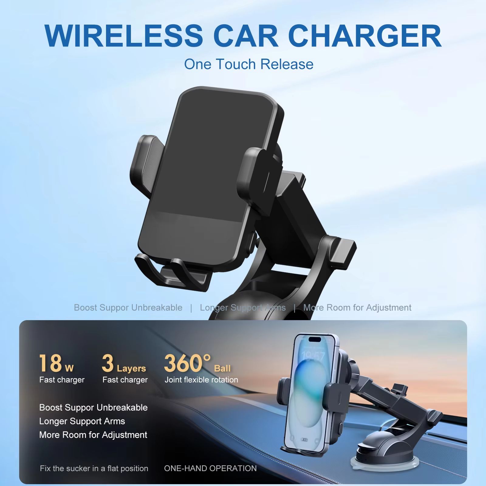 15W Wireless Car Charger Phone Holder Auto Clamping Fast Charge Car Mount for iPhone and Samsung
