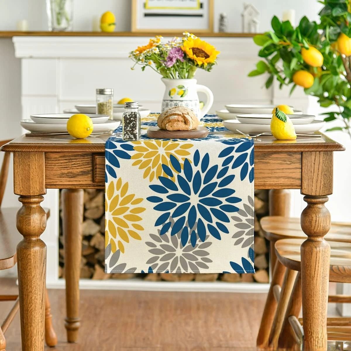 Blue Dahlia Floral Summer Linen Table Runner – Seasonal Spring Dresser Scarf & Wedding Party Dining Decor