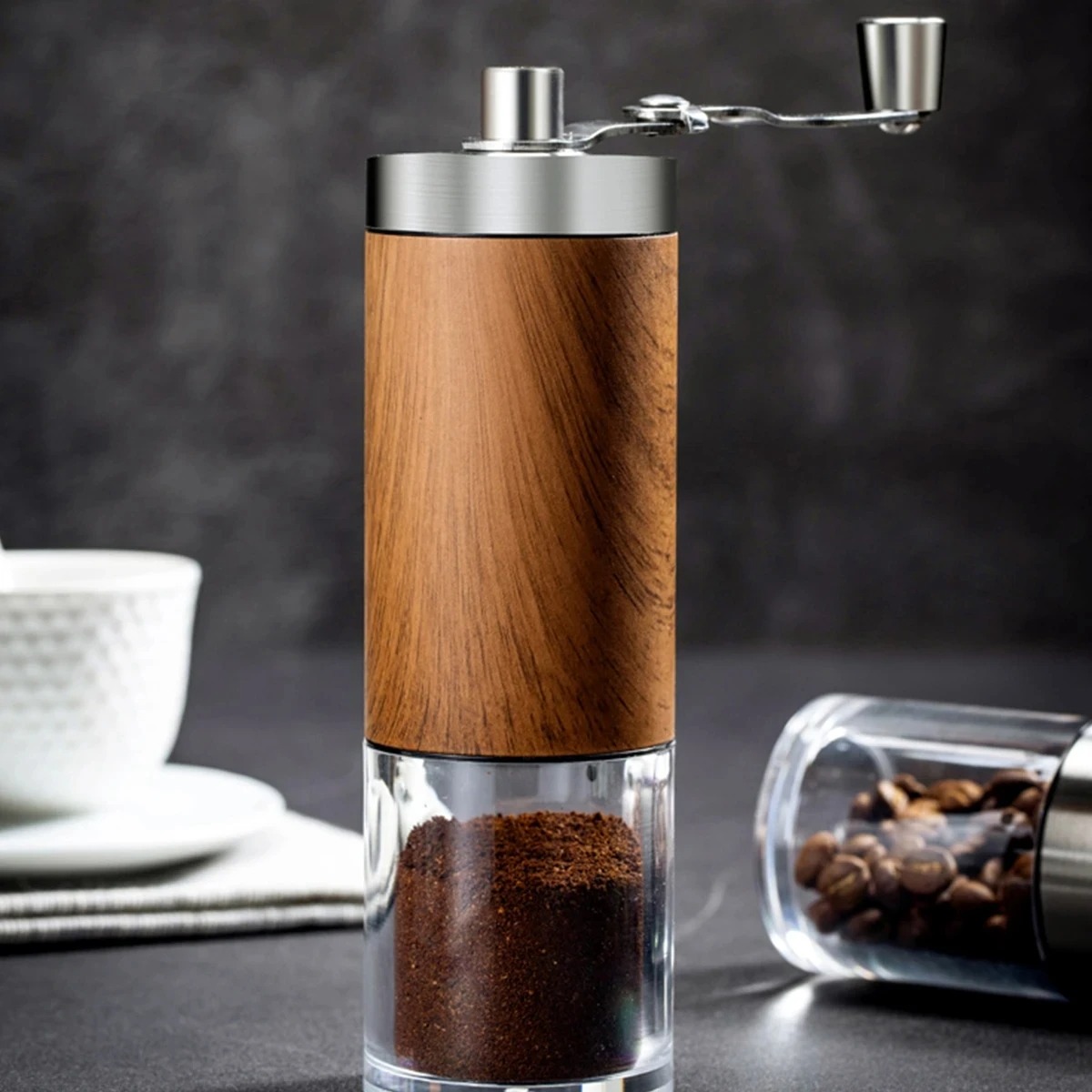 Manual Coffee Grinder, Portable Hand Crank Bean Mill Wood and Stainless Steel for Home Office Travel.